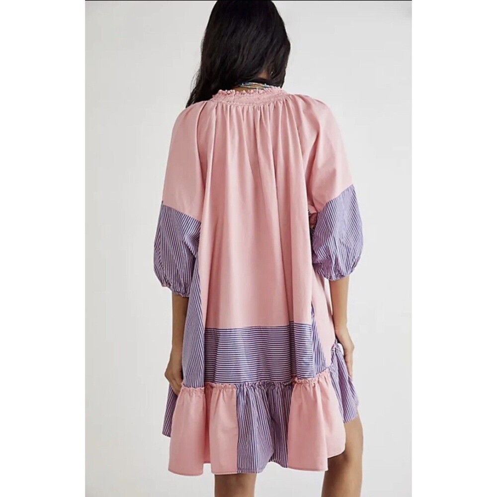 Free People Keegan Oversize Tunic Dress Mix Stripe Pink Blue Swing Ruffle Size S - Picture 3 of 10